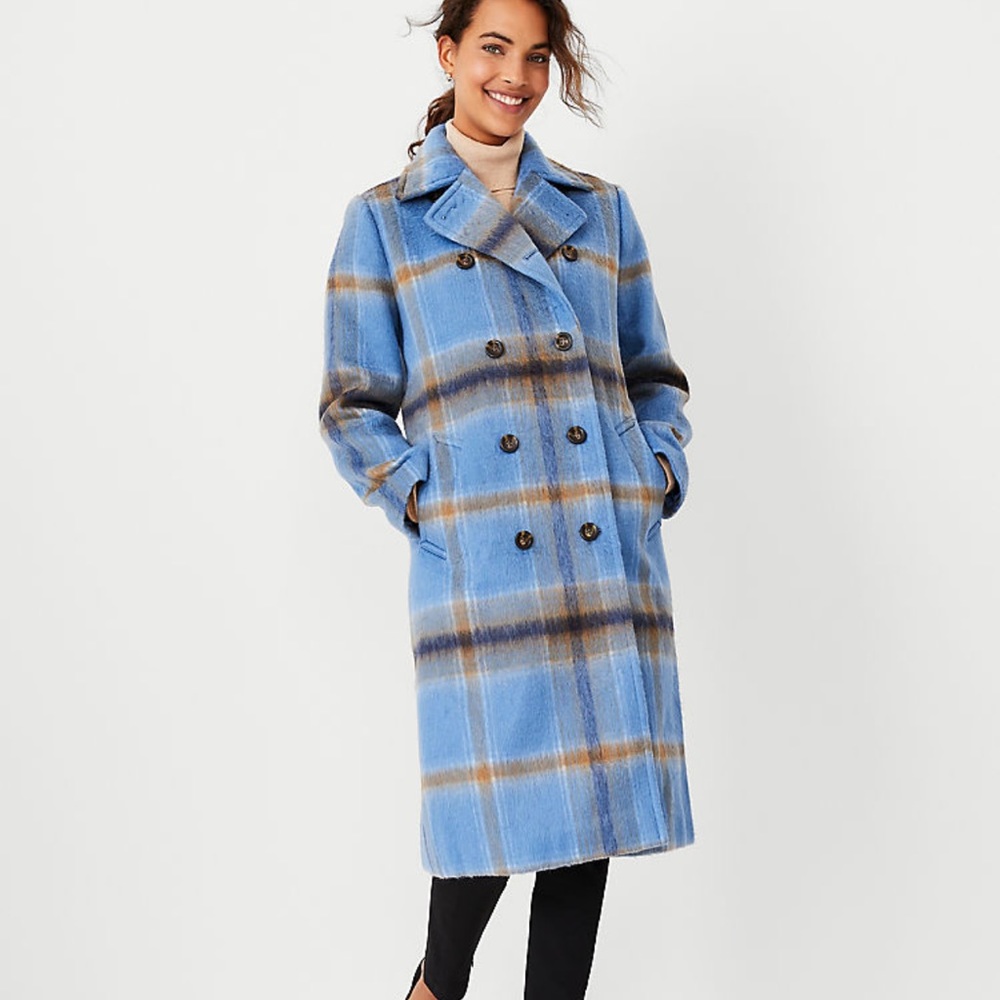 Ann Taylor Blue and Brown Plaid Pea Coat